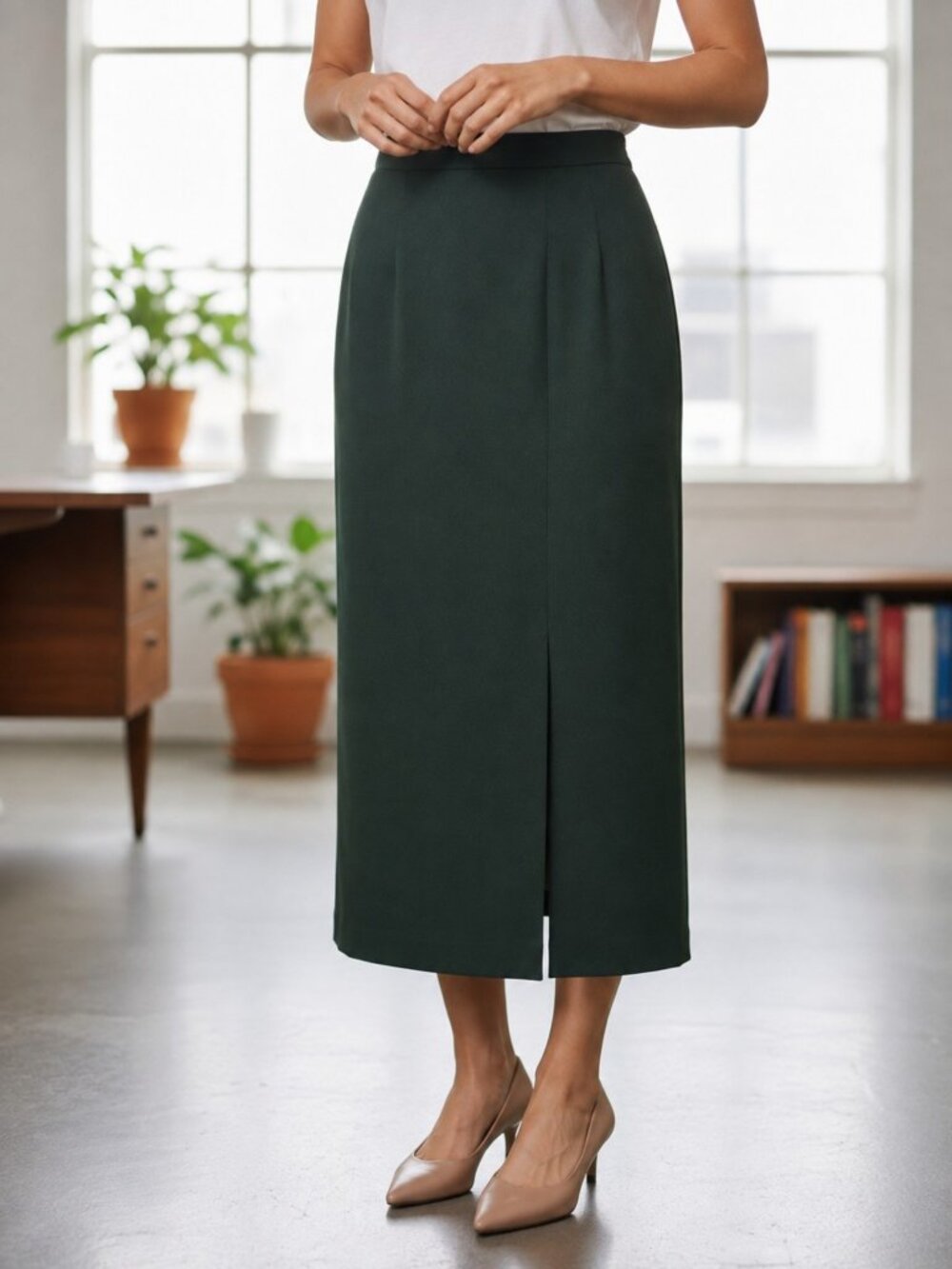 Vintage Petite Sophisticate Forest Green Wool Midi Skirt Size 8